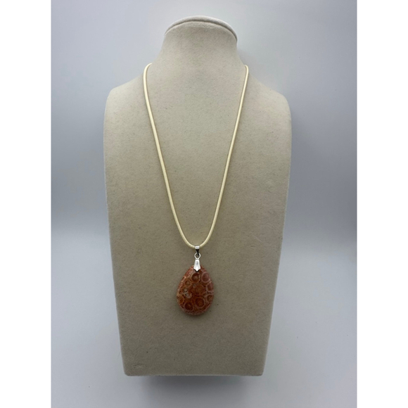 Orange and Beige Fossil Coral Teardrop Pendant Necklace - Picture 7 of 7